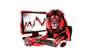 Tela de computador exibindo um gráfico de candlestick ao lado um leão símbolo do Imposto de Renda 2026, mostrando como declarar day trade.