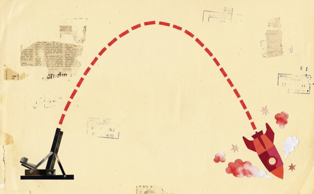 Foguete em queda representando a saturação dos lançamentos tradicionais de cursos para traders e o mercado financeiro.