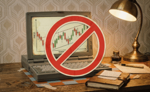 Gráfico de candles com símbolo de bloqueio, exemplificando o bloqueio de anúncios trading e investimentos por falta de compliance.